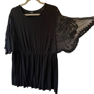 Torrid tunic blouse 3X Lace flutter sleeves Black Elastic waist Slub knit top